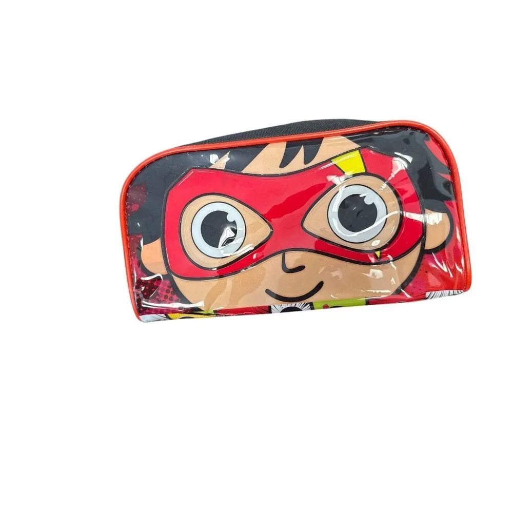 Ryans World Kids Pencil Case With Zipper & Clip-On Accessory Red & Black Design